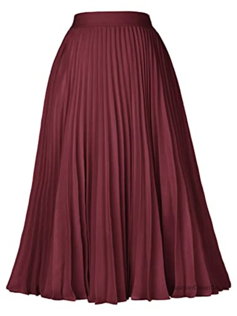 Pleated Chiffon A-Line Midi Skirt Elastic Waist Below Knee